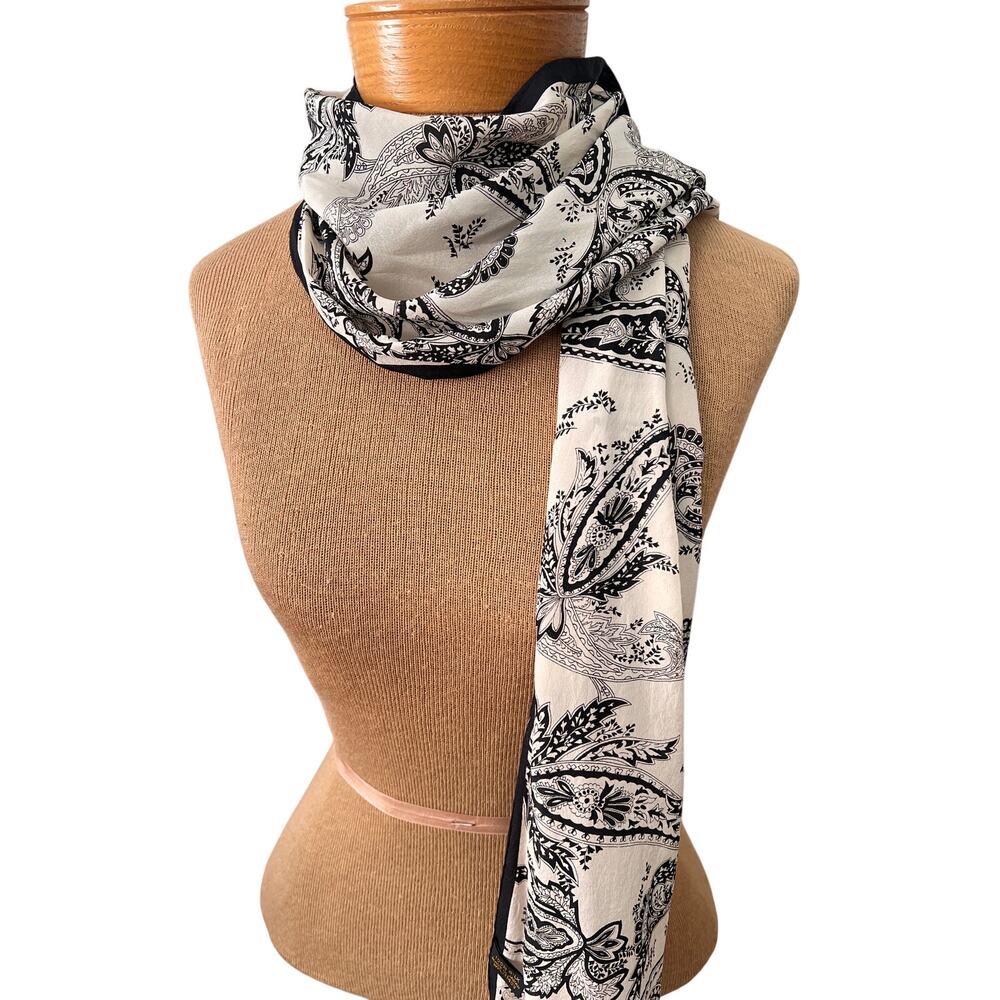 Vintage silk scarf black white paisley print rectangle 56x11 minimalist elegance